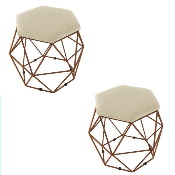 Imagem de kit 2 Puffs Onix Aramado Base Bronze Hexagonal Suede Bege