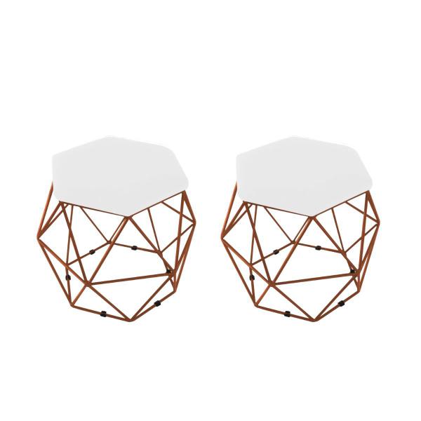 Imagem de kit 2 Puffs Onix Aramado Base Bronze Hexagonal Suede Branco