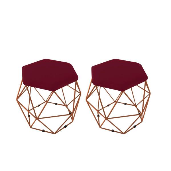 Imagem de kit 2 Puffs Onix Aramado Base Bronze Hexagonal Suede Marsala