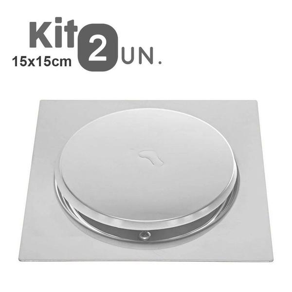 Imagem de Kit 2 Ralos Click Inteligente 15x15 Aço Inox Pop Up Banheiro Lavabo Casa