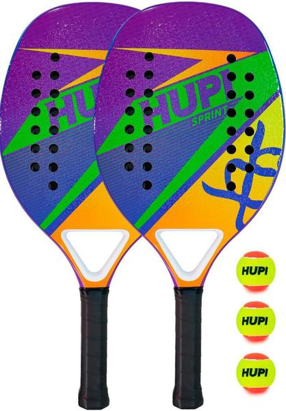 Imagem de Kit 2 Raquetes Beach Tennis HUPI Carbon/Fiberglass Sprint + 3 Bolas de Beach Tennis HUPI Pro