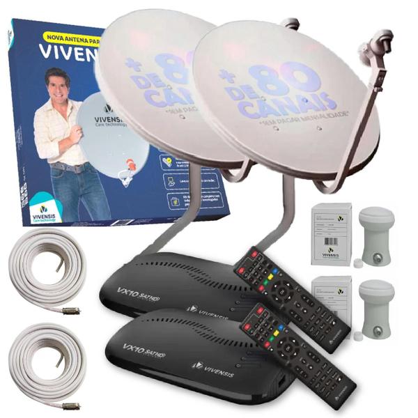 Imagem de Kit 2 receptor de tv vivensis vx10 sat hd + 2antena banda ku + 2lnbf simples + 2cabo