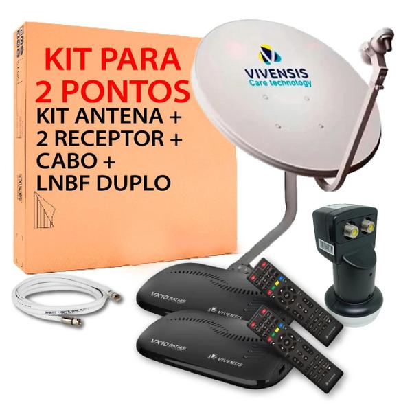 Imagem de Kit 2 receptor de tv vivensis vx10 sat hd + antena banda ku + lnbf duplo + cabo