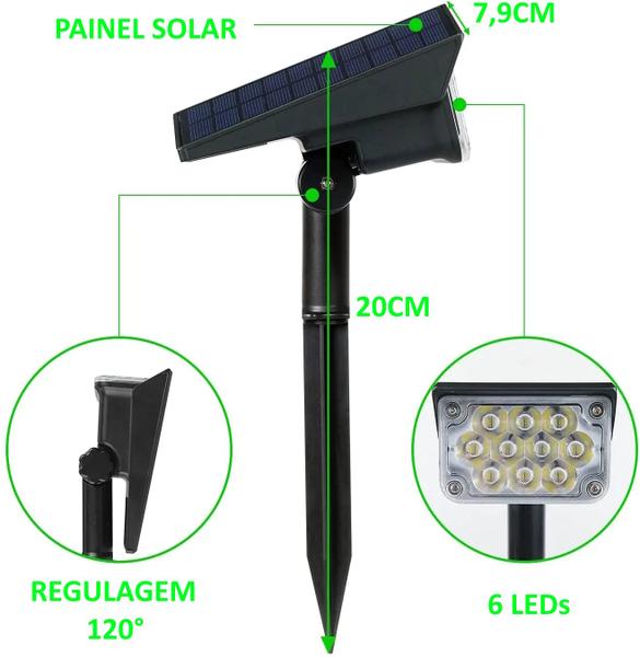 Imagem de Kit 2 Refletor Ecoforce Solar 6 Leds Verde 10x Mais Forte Spot Jardim 18751 Á Prova De Água Luminária Sem Fio Liga Automaticamente