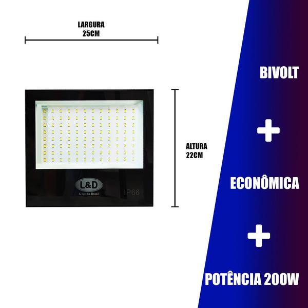 Imagem de kit 2 Refletores LED Selecione a Potência (200w -10w)Branco Frio Slim  Holofote Campo Comércio Quintal Prédio Preto L&D