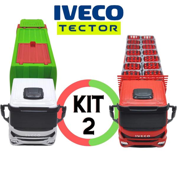 Imagem de Kit 2 Réplicas De Brinquedo Caminhão Iveco Tector - Coletor + Engradados