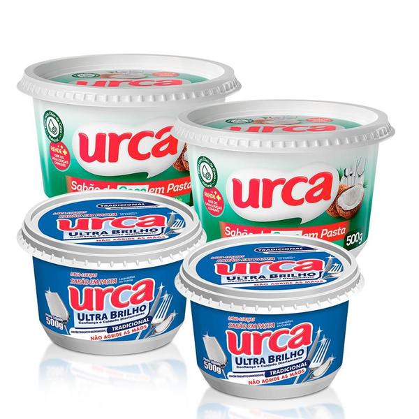 Kit 2 Sabão em Pasta Coco 3 em 1 Urca 500g + 2 Sabão em Pasta Tradicional Urca 500g Imagem de Kit 2 Sabão em Pasta Coco 3 em 1 Urca 500g + 2 Sabão em Pasta Tradicional Urca 500g