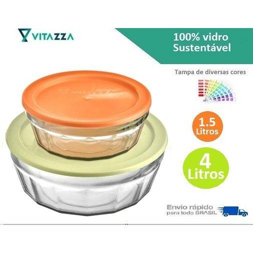 Kit 2 Saladeira Tigela Vidro Tampa Plastica Laguna 1.5L e 4L Vitazza