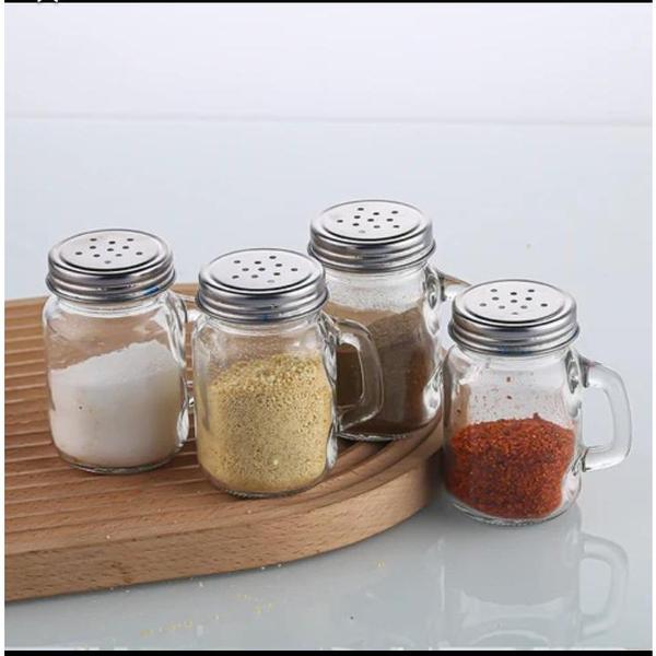Imagem de Kit 2 Saleiro/Pimenteiro de vidro com alça e tampa inox para cozinha pratico