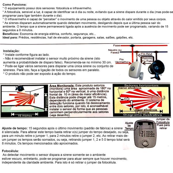 Imagem de Kit 2 Sensor de presença movimento e 1 Sirene Alarme Bivolt Residencial Alarme Segurança Loja Bar Garagem Caminhão