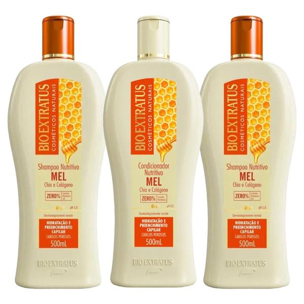 Imagem de Kit 2 Shampoo 1 Condicionador Mel Nutritivo 500 ml Bio Extratus