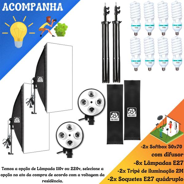 Kit 2 Softbox 50x70 Luz Tripé Quadruplo+8 Lâmpadas 45w 5500k - PDIMPORT Imagem de Kit 2 Softbox 50x70 Luz Tripé Quadruplo+8 Lâmpadas 45w 5500k