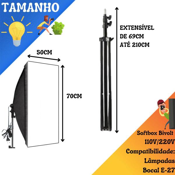 Kit 2 Softbox 50x70 Luz Tripé Quadruplo+8 Lâmpadas 45w 5500k - PDIMPORT Imagem de Kit 2 Softbox 50x70 Luz Tripé Quadruplo+8 Lâmpadas 45w 5500k