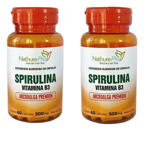 Imagem de Kit 2 Spirulina Vitamina B3 Microalga Premium 60 Cápsulas 500mg