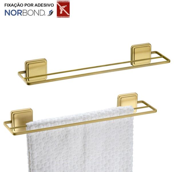 Imagem de Kit 2 Suporte Porta Toalha Toalheiro Duplo 45cm Banheiro Adesivo Dupla Face Dourado - Future