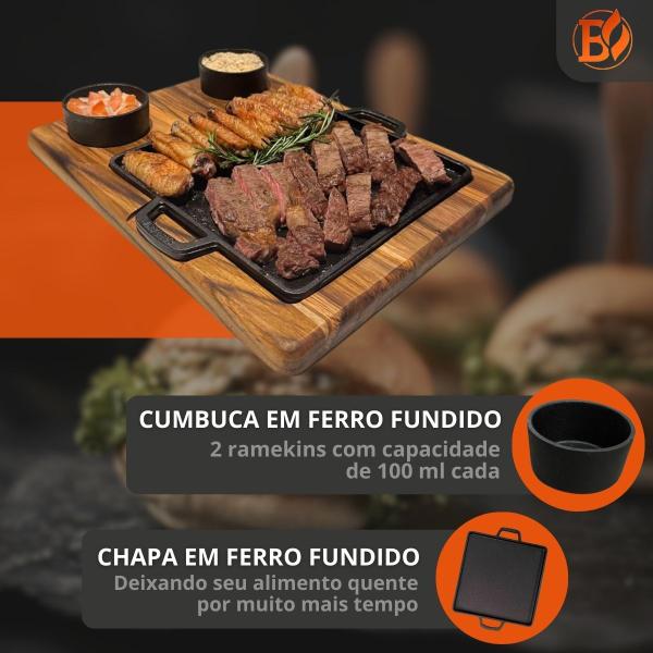 Imagem de Kit 2 Tábuas Para Churrasco e Porção Com Chapas de Ferro Fundido E Cumbucas