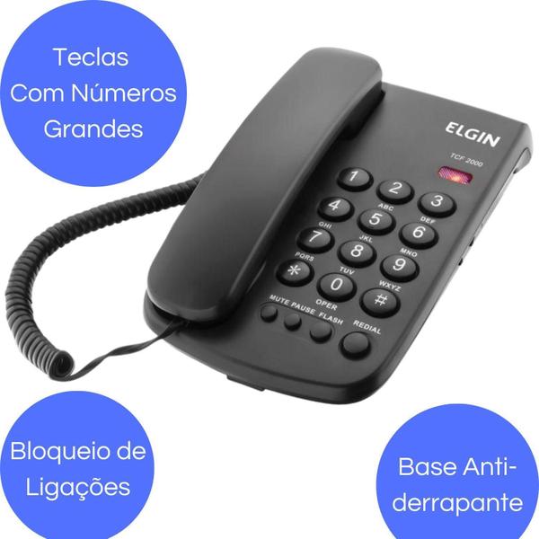 Imagem de Kit 2 Telefone Fio Elgin Mesa Teclas Numeros Grande