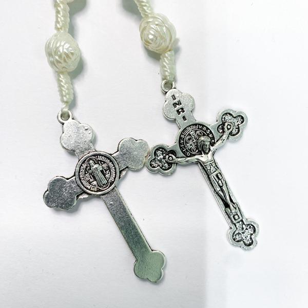 Imagem de Kit 2 Terços rosa religioso medalha crucifixo São Bento prata fé