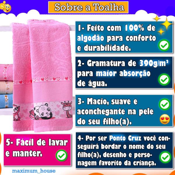 Imagem de Kit 2 Toalha De Banho Bebe Infantil Menina Menino 100% Algodão Masculino Grande Personagem Praia Carinho Ponto Cruz Para Bordar