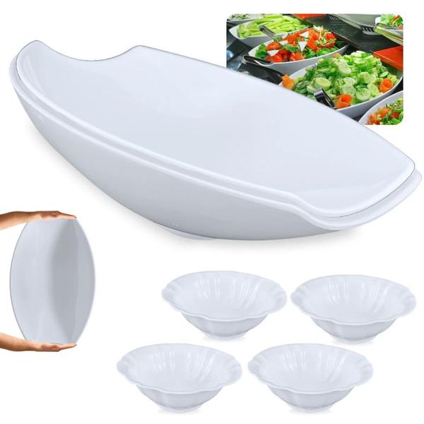 Imagem de Kit 2 Travessas para Buffet Salada 46cm Curva Funda + Tigelas Ovais Flor 650ml Melamina para Restaurante  Bestfer 