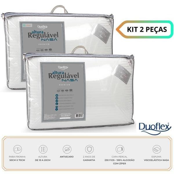 Imagem de Kit 2 Travesseiros Altura Regulável Nasa Premium Duoflex - 10 a 20cm de Altura - Capa Fixa: 100% algodão com zíper (percal 230 fios) - Antiácaro