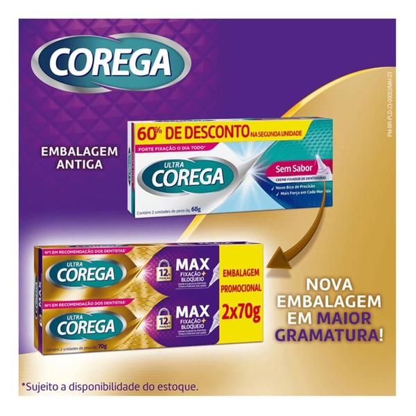 Imagem de Kit 2 Ultra Corega Creme Maxima Fixação Sem Sabor 70g