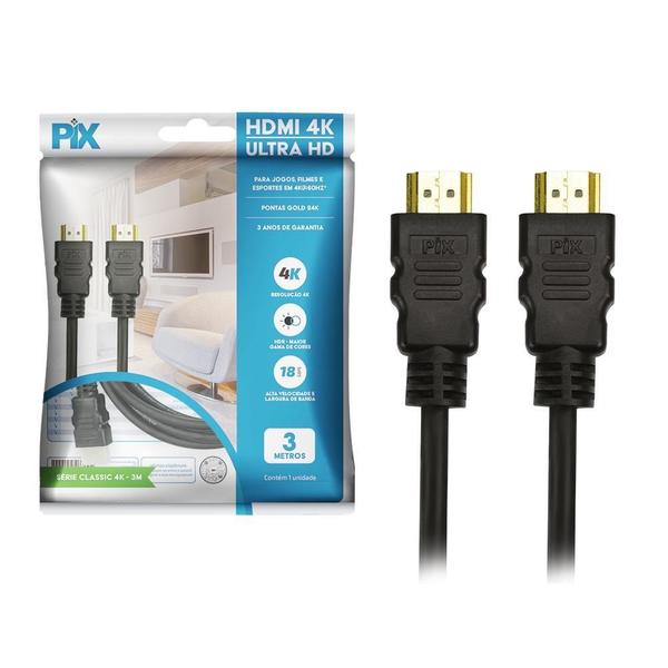 Kit 2 Un - Cabo Hdmi 2.0 - 4K Hdr 19P - 30Awg - 3M - PIX Imagem de Kit 2 Un - Cabo Hdmi 2.0 - 4K Hdr 19P - 30Awg - 3M