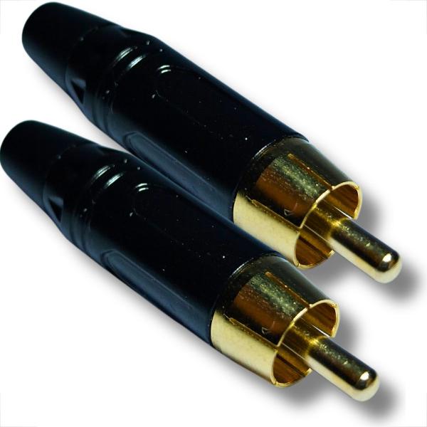 Imagem de Kit 2 un plug conector rca macho corpo em metal preto  e ponta dourada profissional audio qualidade