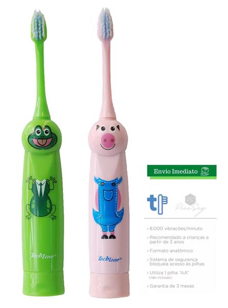 Imagem de Kit 2 Unid Escova Dental Elétrica a Pilhas Infantil Kids - Techline (1Verde/1 Rosa)