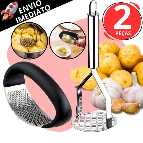 Imagem de Kit 2 Utensílio Em Inox Amassador de Batatas Legumes e Amassador de Alho Casa Cozinha Restaurante