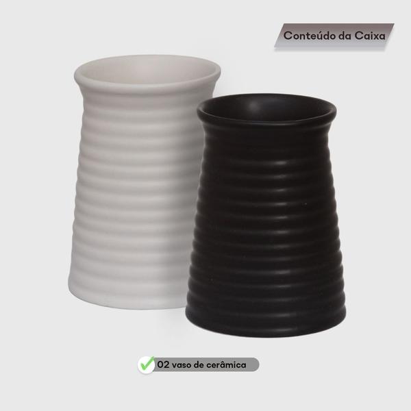 Imagem de Kit 2 Vaso Cerâmica Cachepot Redondo Riscado Branco E Preto