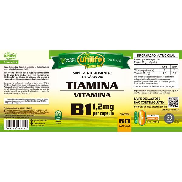 Imagem de Kit 2 Vitamina B1 Tiamina 60 cápsulas Unilife