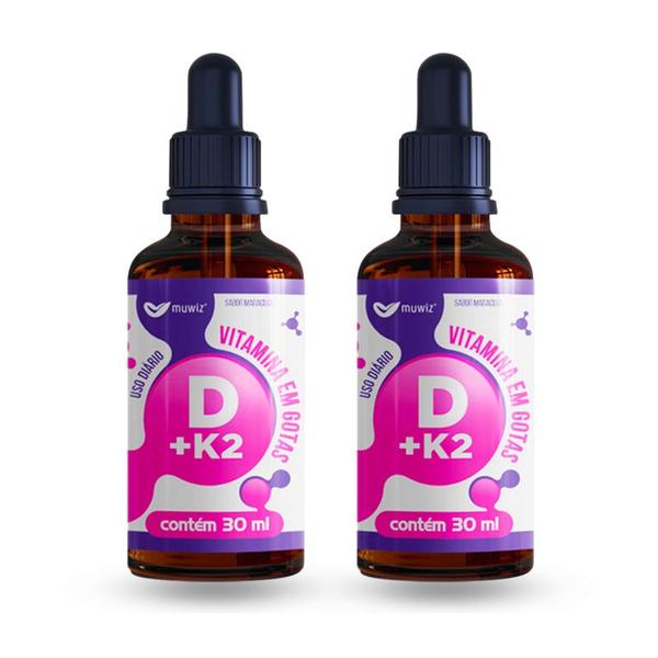 Kit 2 vitamina d + vitamina k2 gotas sabor maracujá muwiz Imagem de Kit 2 vitamina d + vitamina k2 gotas sabor maracujá muwiz