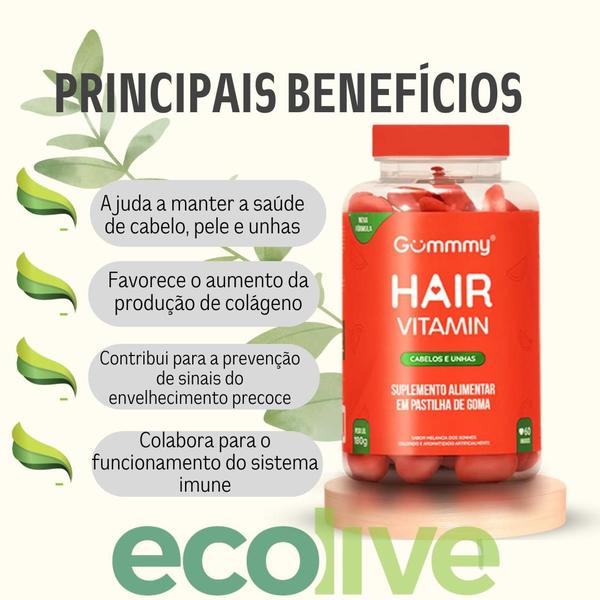 Imagem de Kit 2 Vitamina Hair cabelos e unhas Gummmy 60 Gomas 360g sabor Melancia