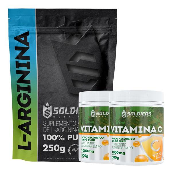 Imagem de Kit: 2 Vitaminas C Em Pó 500g + Arginina 250g - 100% Pura Importada - Soldiers Nutrition