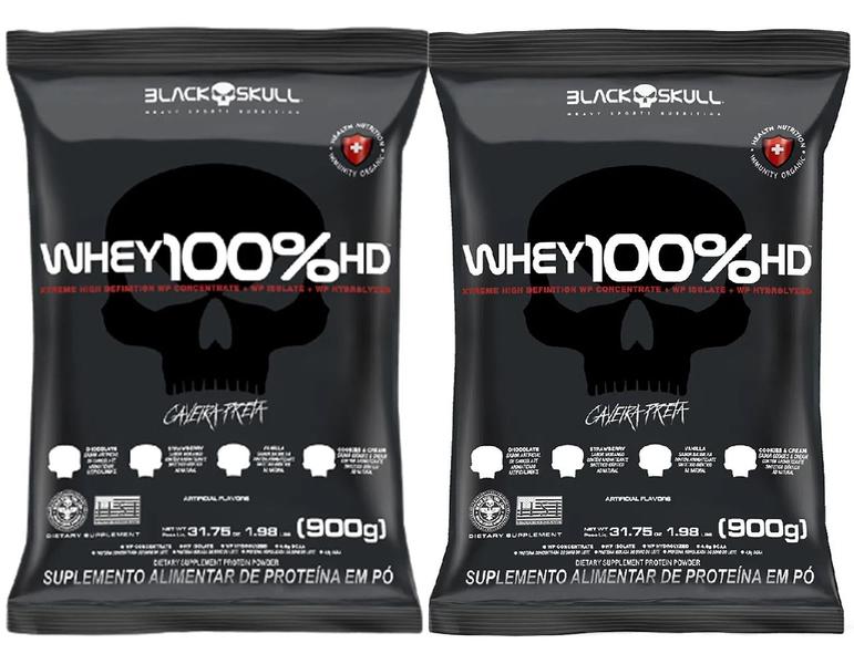Kit 2 wheys 100% hd black skull 900g - baunilha e morango Imagem de Kit 2 wheys 100% hd black skull 900g - baunilha e morango