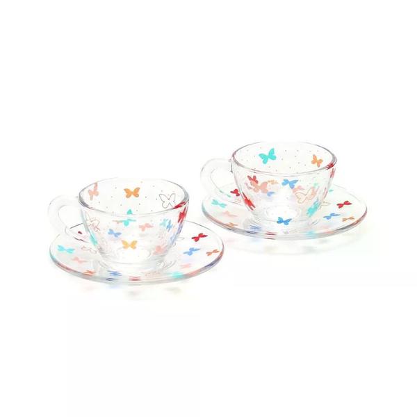 Kit 2 Xícaras de Café com Pires de Vidro Borboleta - Porcelana e Cia Imagem de Kit 2 Xícaras de Café com Pires de Vidro Borboleta