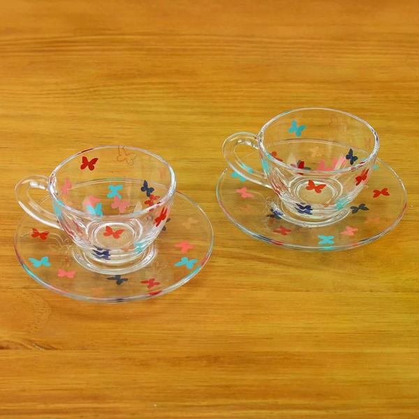 Kit 2 Xícaras de Café com Pires de Vidro Borboleta - Porcelana e Cia Imagem de Kit 2 Xícaras de Café com Pires de Vidro Borboleta