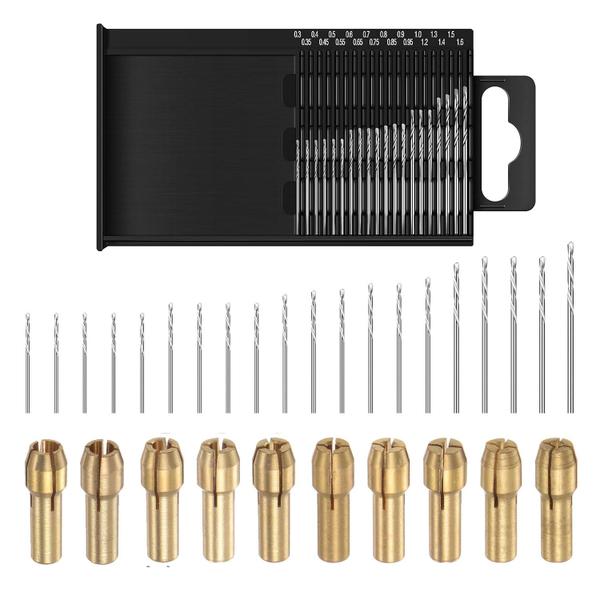 Imagem de Kit 20 Brocas HSS 0.3 a 1.6mm e 10 Pinça para Micro Retífica