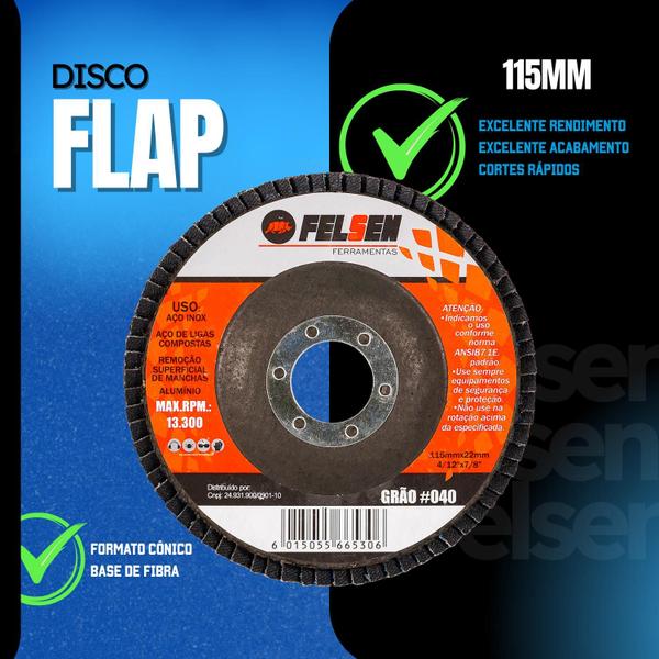 Imagem de Kit 20 Discos Flap Lixa Desbaste Lixadeira Esmerilhadeira Metal Madeira Ferro 4,1/2 115mm ALTA QUALIDADE