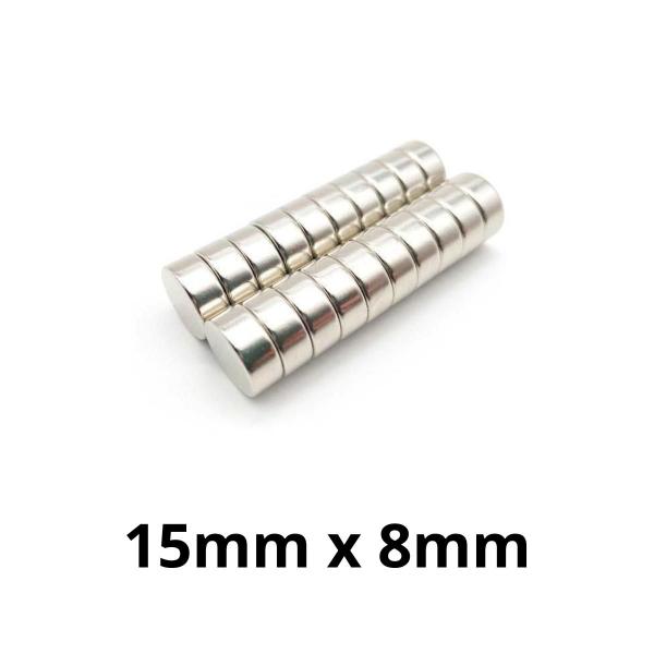 Imagem de Kit 20 Imã Neodímio Disco Magnético N35 15x 8mm Super Forte Potente Redondo