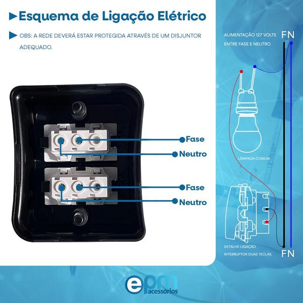 Imagem de Kit 20 Interruptor 2 Teclas Sobrepor Simples 10A Externo Com Placa Espelho Black 127v e 250v Linha Viena Bivolt