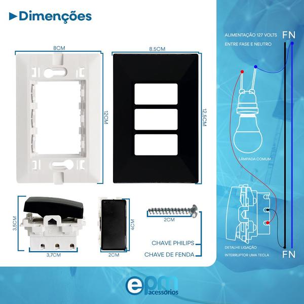 Imagem de Kit 20 Interruptor Simples 3 Teclas 10A Com Placa Espelho Black Linha Dubai Bivolt 127v e 250v