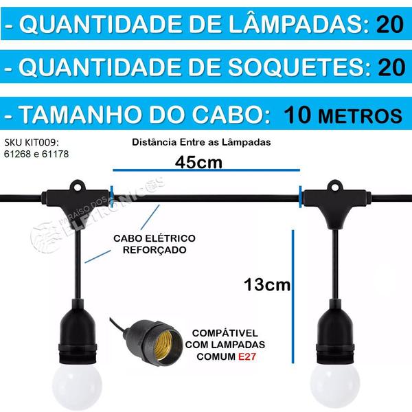 Imagem de Kit 20 Lâmpadas G45 Luz Festão + Extensão Varal De 10 Metros Ideal Para Espaço de Festa KIT009