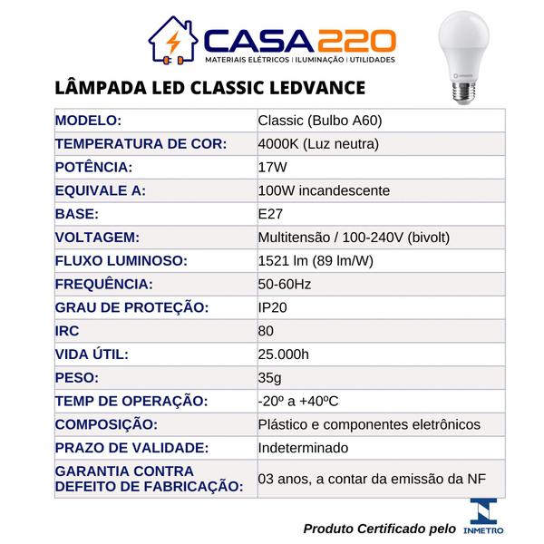 Imagem de Kit 20 Lâmpadas Led 17W E27 4.000K Luz Neutra Bivolt Ledvance