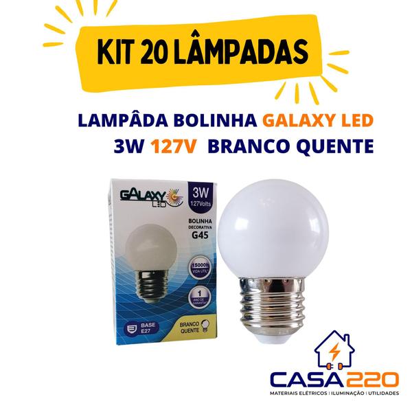 Imagem de Kit 20 Lâmpadas Led Bolinha Decorativa G45 3W 127V Branco Quente E27 Galaxy LED