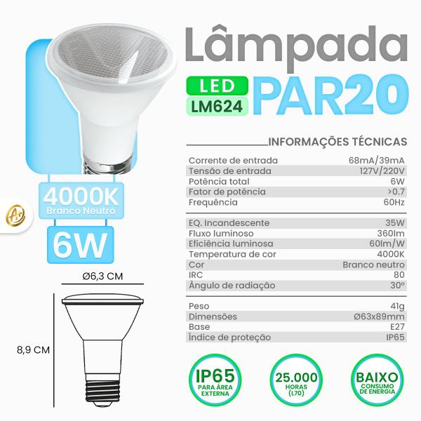 Imagem de Kit 20 Lâmpadas Led PAR20 6W Bivolt 4000K Branco Neutro  LM624 Luminatti