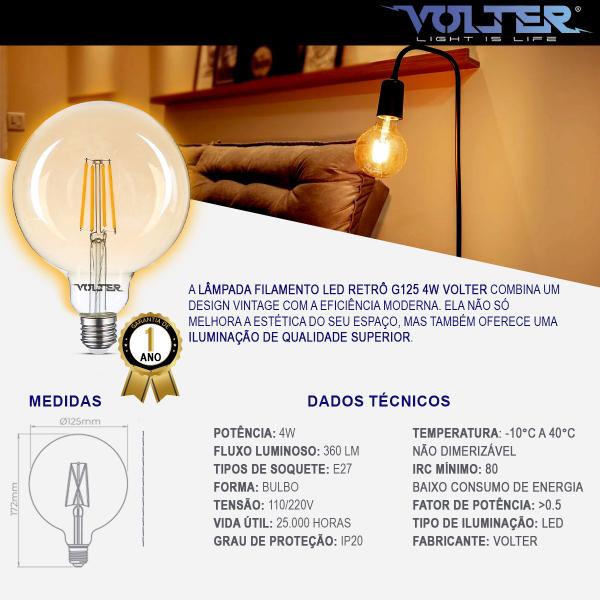 Imagem de Kit 20 Lâmpadas Retrô Volter Filamento Led 4w G125 360lm Bivolt