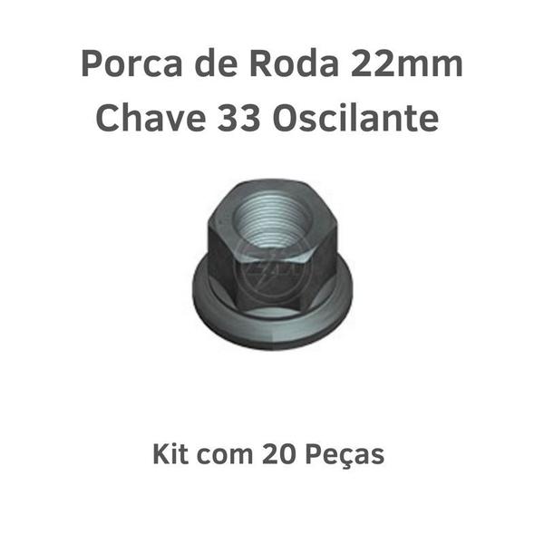 Imagem de Kit 20 Porcas do Parafuso de Roda 22mm Chave 33 Oscilante Alta Caminhão Carreta Ford Cargo Mercedes Benz Volvo MB