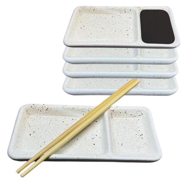 Imagem de Kit 20 Pratos Sushi com Divisória de Shoyu Porcelana Creme Comida Japonesa